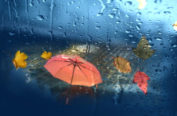   Autumn leaves  Rainy city car   street traffic lights umbrella  blurred on asphalt   cold  weather defocus background