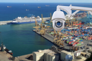 Closeup of traffic security camera surveillance (CCTV) on the port Import, Export,Logistic.