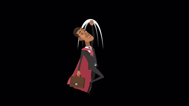 Cartoon black african businessman superhero character in red cape flies up animation with alpha channel