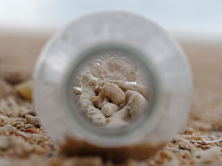 Pet bottle on the beach filled with pieces of coral