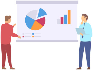 Manager makes presentation of statistical report analysis charts. Planning business. Teamwork consulting for project management, financial reporting and strategy. Data analysis research statistics