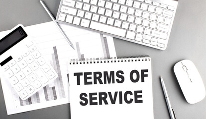 TERMS OF SERVICE text written on notebook on grey background with chart and keyboard, business concept