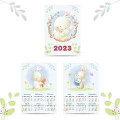 calendar 2023 with cute animals illustration watercolor style