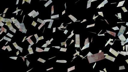 Lots of euro banknotes falling from the top on transparent background with an alpha channel