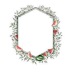 Watercolor card with green leaves and watermelon. Illustration