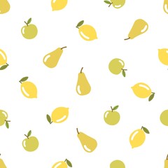 Fruit seamless pattern of apples, pears and lemons with leaves. Flat style illustration on white background.