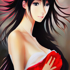 Pretty anime girl portrait. Beautiful woman oil painting print. Fantasy female character cartoon illustration. Graphic digital art avatar