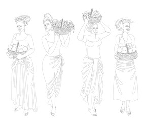 Collection. Silhouettes of a girl in a headscarf. The lady holds in her hands a basket with bananas and apples, grapes, oranges Woman in a modern one line style, contour. Vector illustration, set.