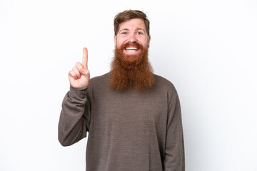 Redhead man with beard isolated on white background pointing up a great idea