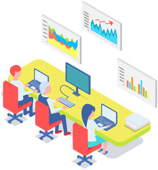 Business people communicating in office discuss statistics, analyze different charts and graphs. Financial accounting concept. Organization process, analytics, planning, report, market analysis