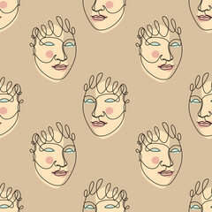 Seamless pattern with one single line drawings of female face and abstract shapes. On beige background.