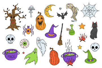 Hand drawn line art sute Halloween illustrations set