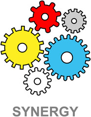 Business synergy and teamwork abstract vector concept with interacting gears, collaboration. Symbol of success, cooperation. Business partnership linear icon. Interaction of factors, relationship