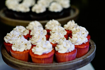Red velvet cupcakes at a wedding reception