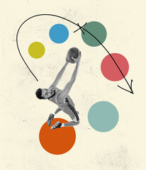 Professional basketball player with ball over abstract background. Contemporary art collage. Sport, competition, motion concept. Minimalism
