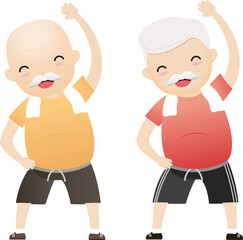 Fototapeta premium Elderly people exercising. Active healthy workout aged people. Old man making morning exercises.