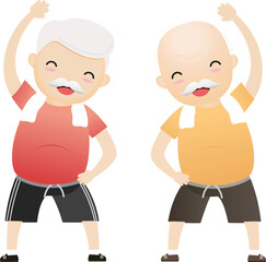 Elderly people exercising. Active healthy workout aged people. Old man making morning exercises.