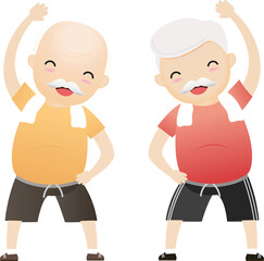 Elderly people exercising. Active healthy workout aged people. Old man making morning exercises.