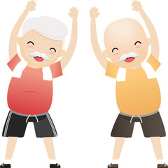Elderly people exercising. Active healthy workout aged people. Old man making morning exercises.