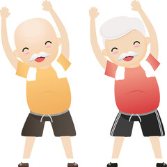 Elderly people exercising. Active healthy workout aged people. Old man making morning exercises.