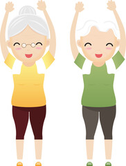 Elderly people exercising. Active healthy workout aged people. Old woman making morning exercises.