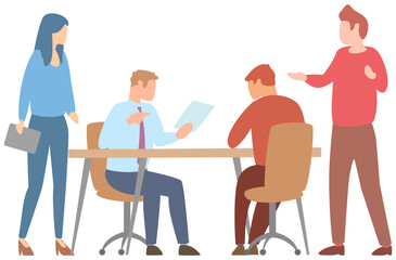 Training of office staff, teamwork, business meeting concept. Team thinking and brainstorming. Analytics of company information. People working, discussing business. Colleagues during office work