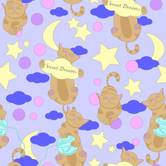 Cat seamless pattern. Graphic design for children. Cartoon cat. Good night print. The inscription Sweet Dreams. Night sky, stars, moon. Packaging template, textile, bed linen and wallpaper.