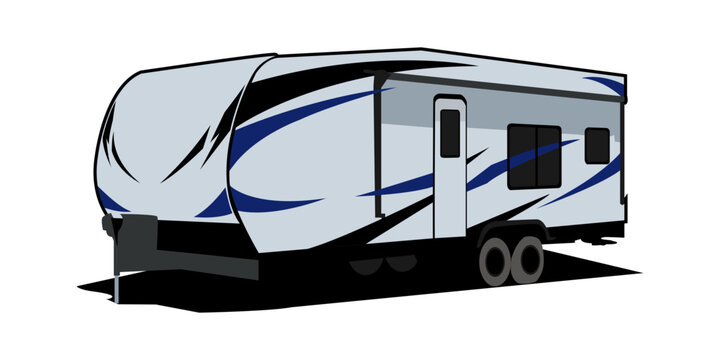 Camping trailer. Rv camping trailer, travel mobile home, camper caravan vector object. Recreational vehicle car wagon illustration. Touristic transport item collection