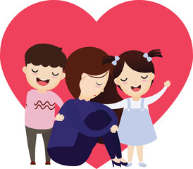 Son and daughter hugging mother.