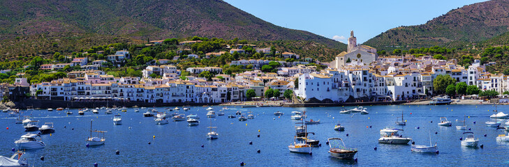 Panoramic of the coast of Catalonia with the picturesque village of Cadaques with its white houses...
