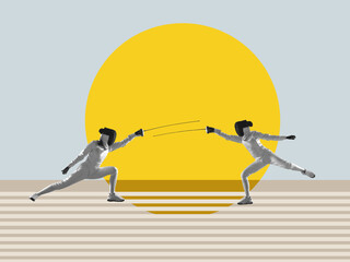 Two swordsmen in action on yellow blue background. Modern design. Contemporary colorful and...