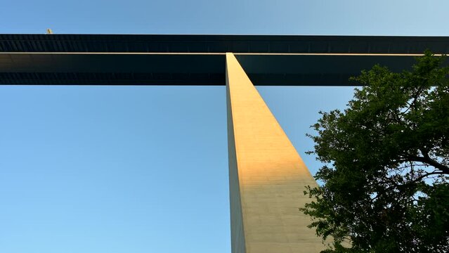 View up a pillar of the 136m tall Moseltal bridge during sunrise