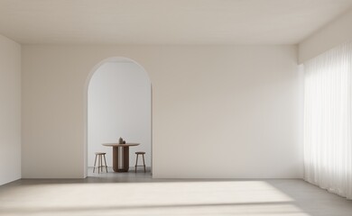 Empty white room or cafe with wooden dining table with chairs concrete floor on the background, window with a transparent curtain. Interior background and 3d render, light and shadow on the floor	