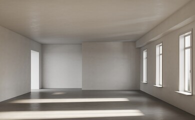 Empty white room or flat with concrete floor and a white windows. Interior background and 3d render, light and shadows on the floor	