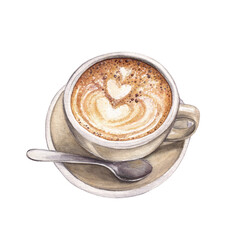 Watercolor cup of latte coffee