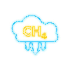Methane, CH4 gas emissions reduction neon icon. Main component of fossil natural gas. Vector stock illustration.