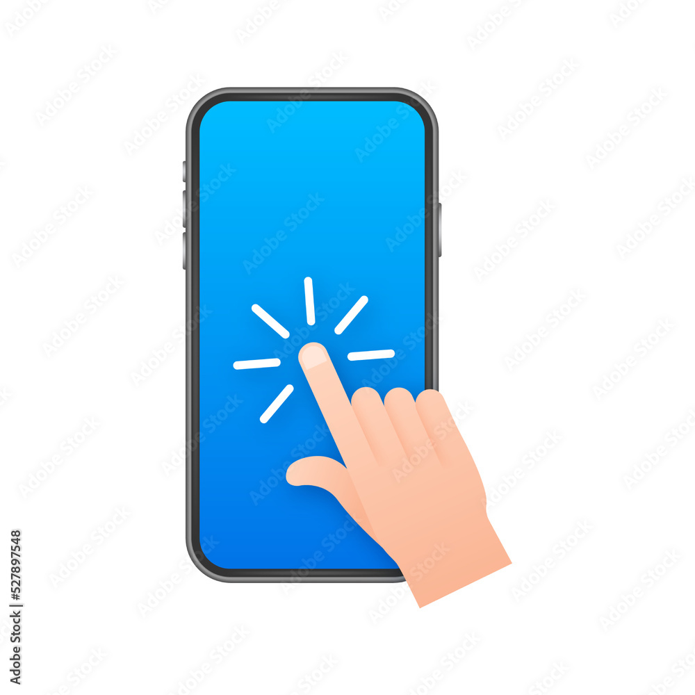 Poster click smartphone. empty screen, phone mockup. device mockup. cursor icon vector. hand pointer vector