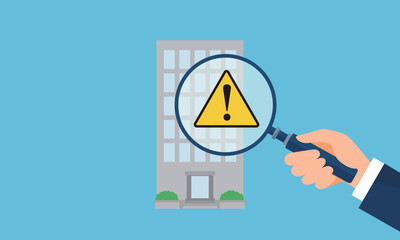 ビルと虫眼鏡を持つ手、アラートマークのイラスト、ベクター