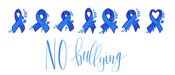 National Bullying Prevention Month October web banner. Blue support and awareness ribbon symbol. Vector illustration