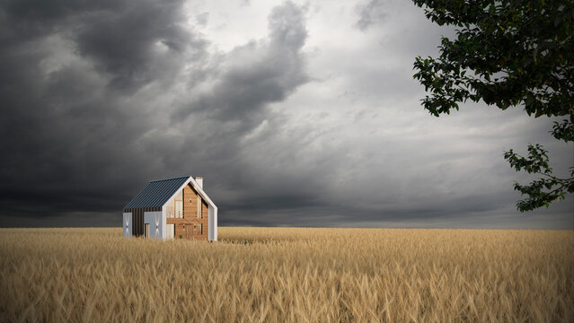 
A house in the Scandinavian style against the background of a stormy sky and a wheat field. 3d rendering