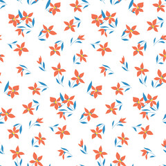 Seamless floral pattern, liberty ditsy print with folk motifs. Abstract composition of small red flowers, leaves on a white background. Botanical surface design. Vector.