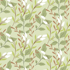 Seamless pattern with wild flowers and herbs in natural colors. Delicate design of botanical background, floral print with decorative field plants, herbs, leaves. Vector illustration.