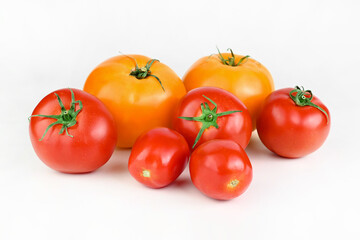 Red and yellow tomatoes on a white background.