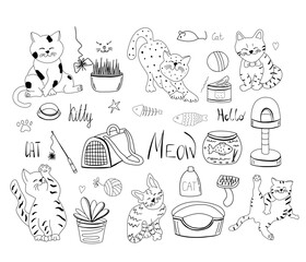 doodle cat set with toys, food for print, pattern, decoration, nursery