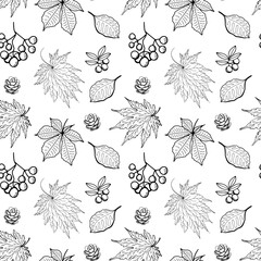 Autumn leaves with berries seamless vector pattern for textile, print, fabric, wrapping paper, wallpaper