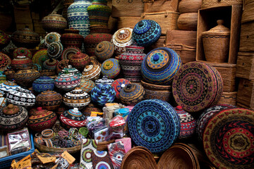 Colorful wicker baskets stall in Ubud, Bali