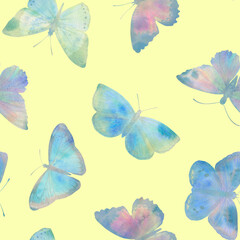 Seamless pattern Watercolor butterflies on a bright background. Botanical background of butterflies for design, wallpapers, wrapping paper, textiles.