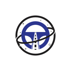 Drive planet vector logo design. Steering wheel orbit symbol or icon.