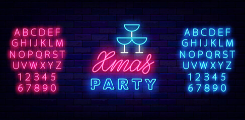 Christmas party neon signboard. Shiny pink and blue alphabet. Greeting card emblem. Vector stock illustration