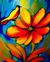 Colorful oil and acrylic modern painting of bird and spring flower. Huge vibrant brush strokes on canvas. Wall art print for canvas, poster, creative design artwork